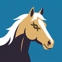Enlarged right-facing light-gold horse head mark with a black neck, white blaze and mane, and a flowing organic black DNA double-helix eye