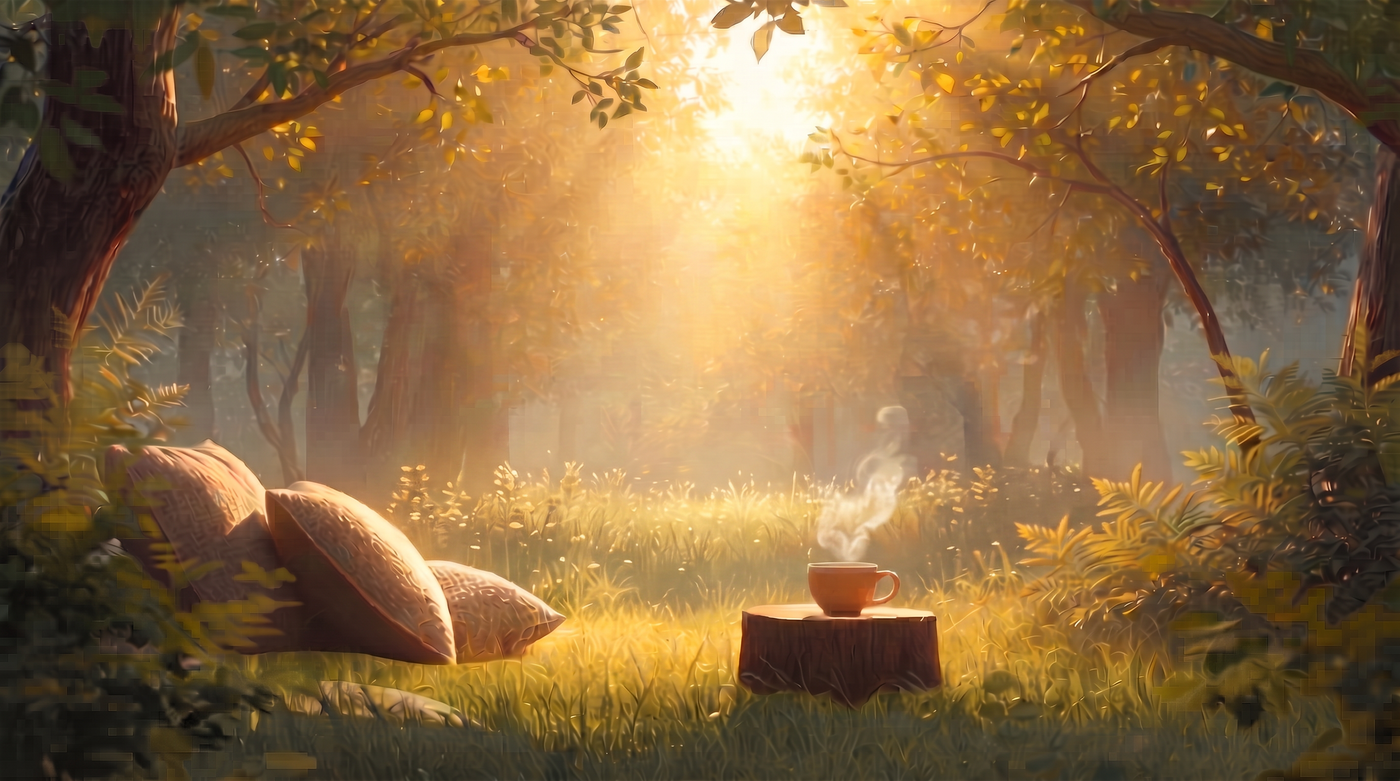 A sunlit forest clearing with cushions and a cup of tea, inviting a quiet pause.