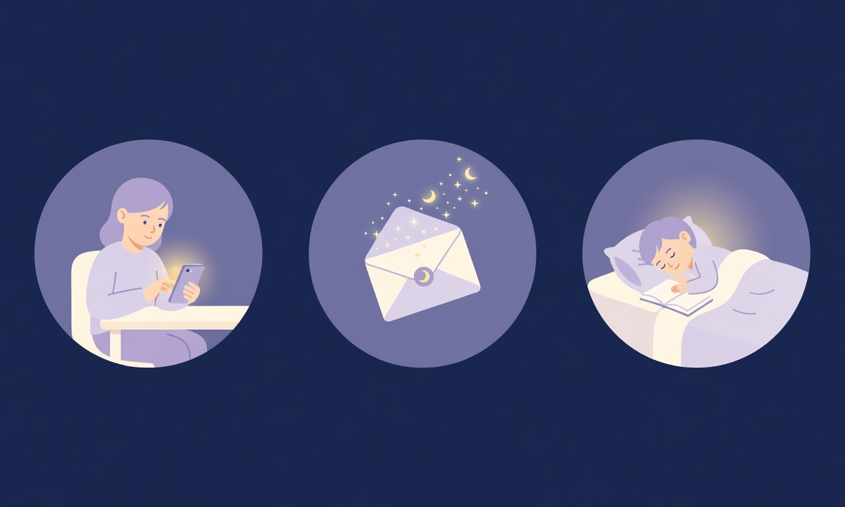 Illustrated scenes showing signing up, receiving a magical story email, and a child drifting off to sleep