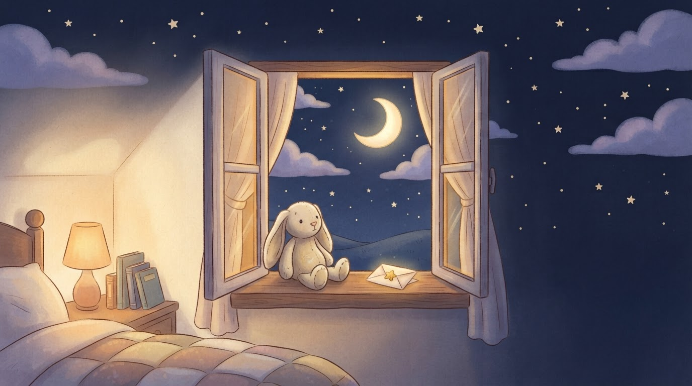 A cozy bedtime scene with a crescent moon, soft stars, and a stuffed rabbit by a glowing window