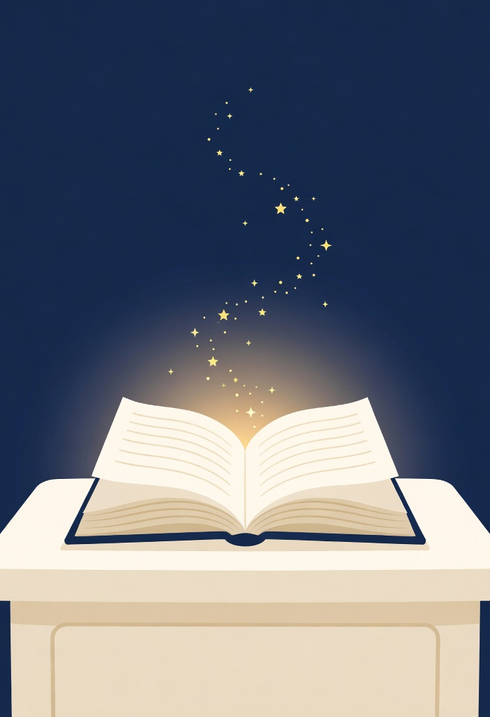 An open glowing storybook with soft golden light and stars rising from the pages