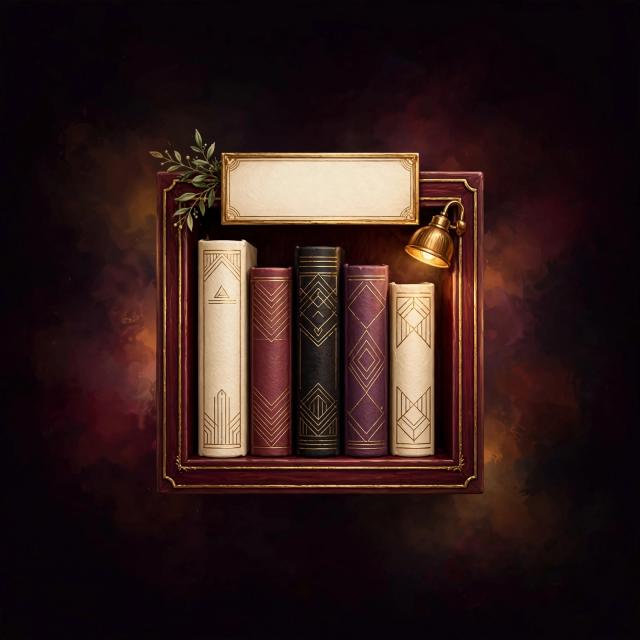 A small burgundy bookshelf with cream and wine-colored books, a brass reading lamp, and a gold-framed plaque.