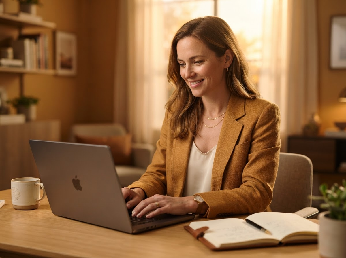 A professional at her desk, ready to learn AI at her own pace