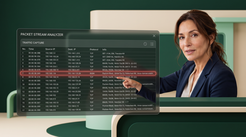 Educator behind a translucent packet analysis tool with a soft red focus highlight on one row