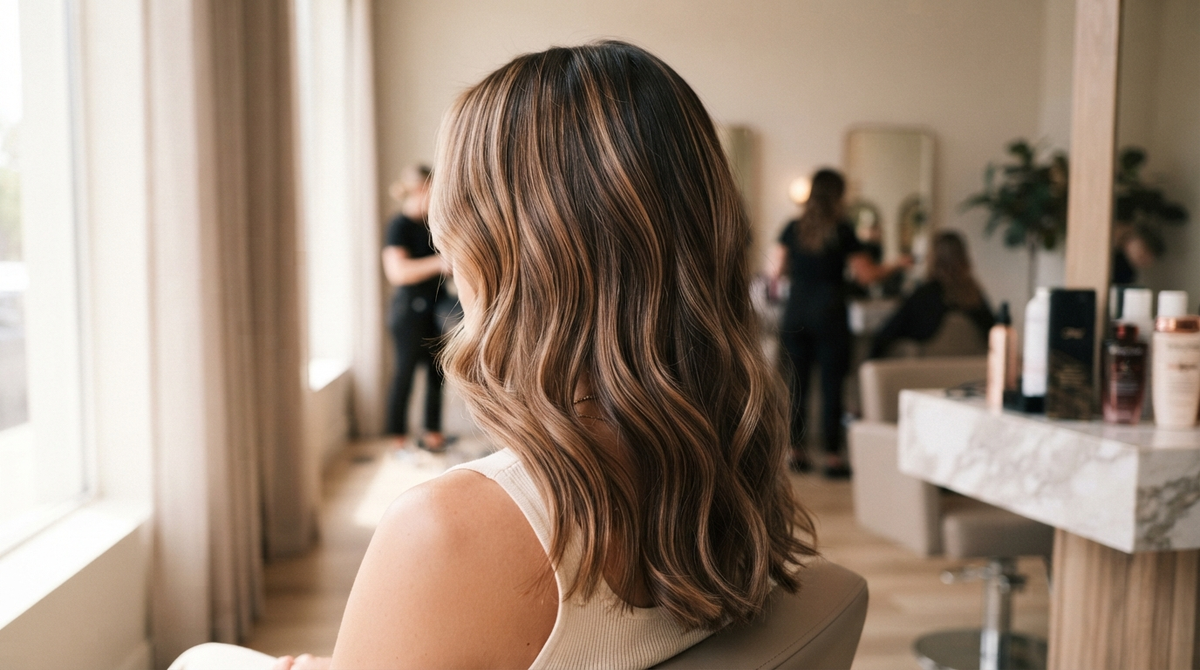 Professional dimensional color work — client with warm caramel and honey tones, example of healthy color results
