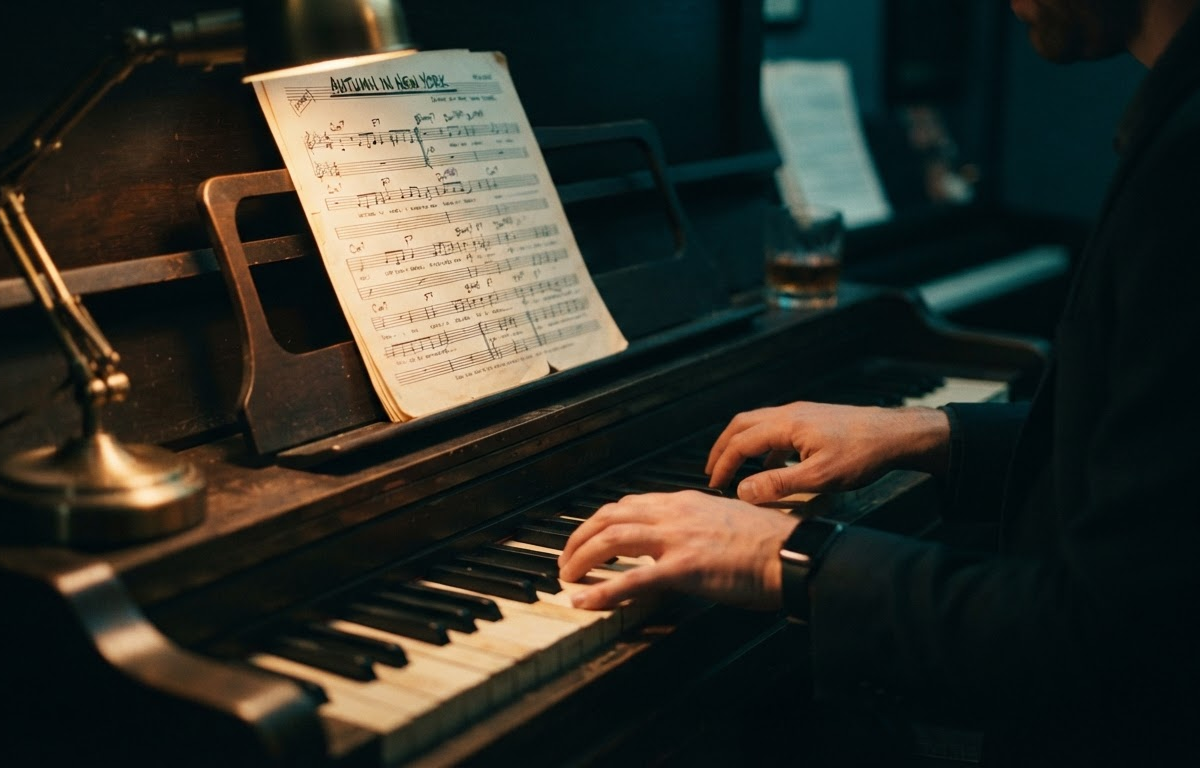 Piano keys with sheet music in warm light