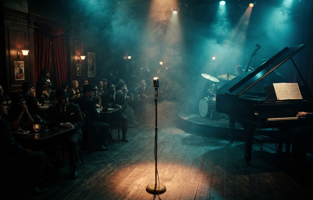Jazz club interior with teal lighting