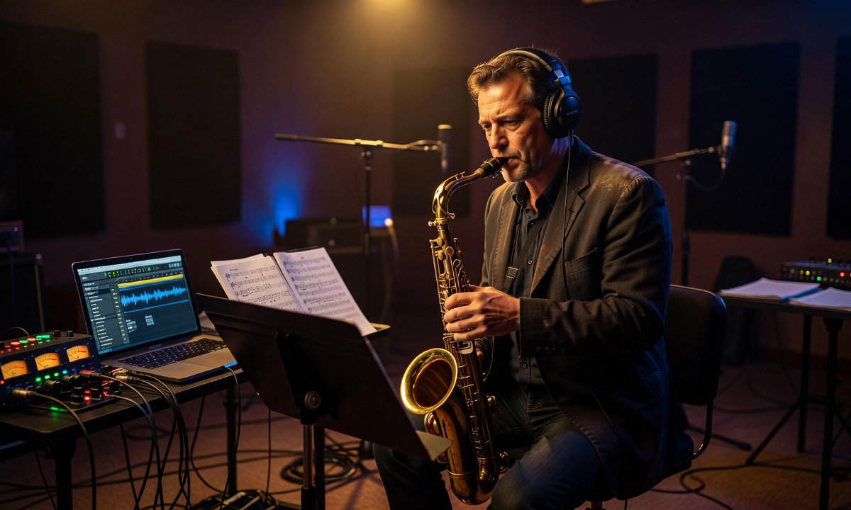 Musician practicing with backing tracks