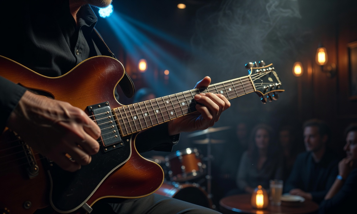 Jazz guitarist performing on intimate club stage