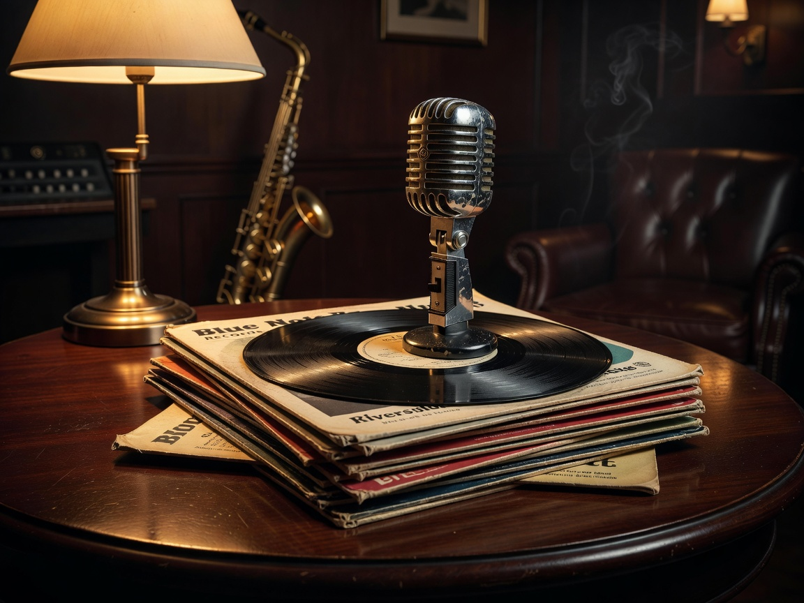 Vintage vinyl records and microphone