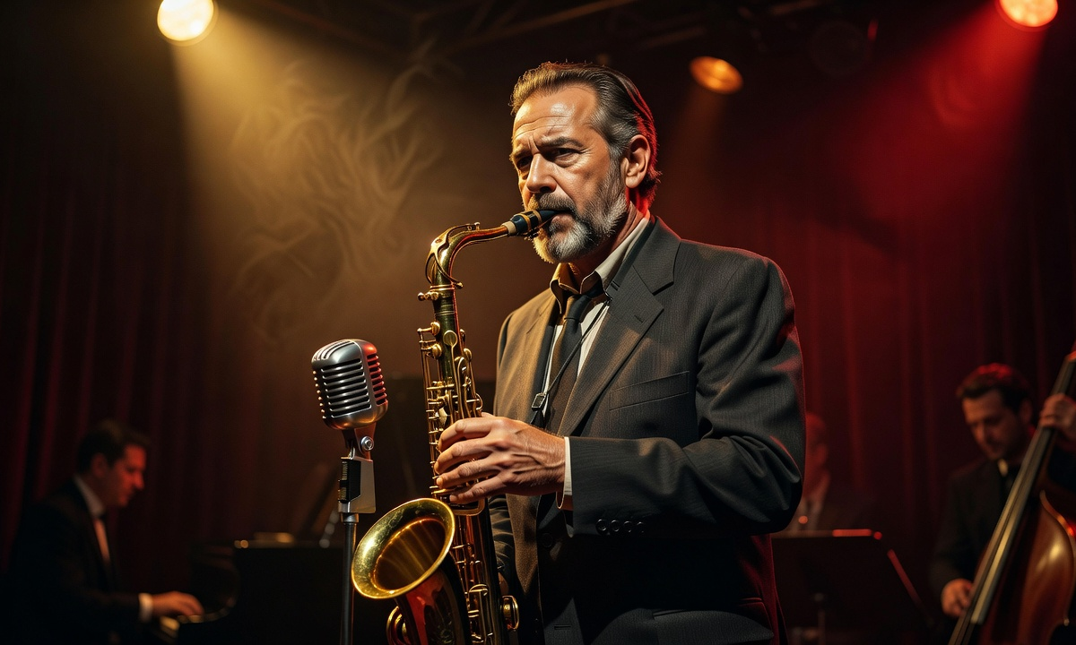 Jazz saxophonist on dimly lit stage