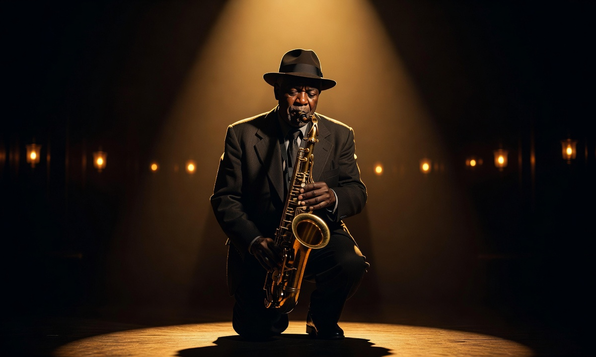 Jazz saxophonist on dimly lit stage