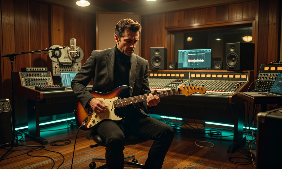 Jazz guitarist in recording studio