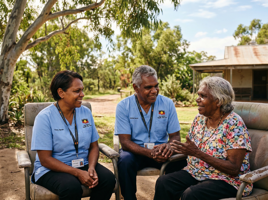 Aboriginal health workers in blue uniforms sitting outdoors with an elderly community member, sharing a warm conversation in a rural Australian setting