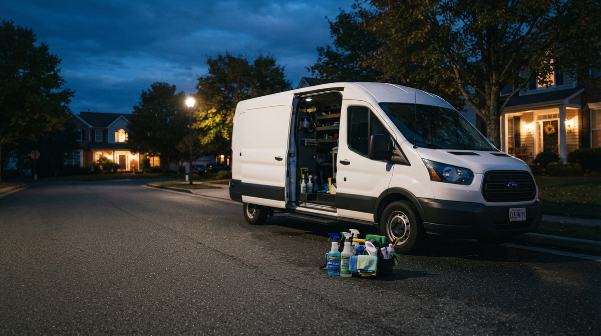 White cleaning van with supplies ready on a quiet neighborhood street after dark