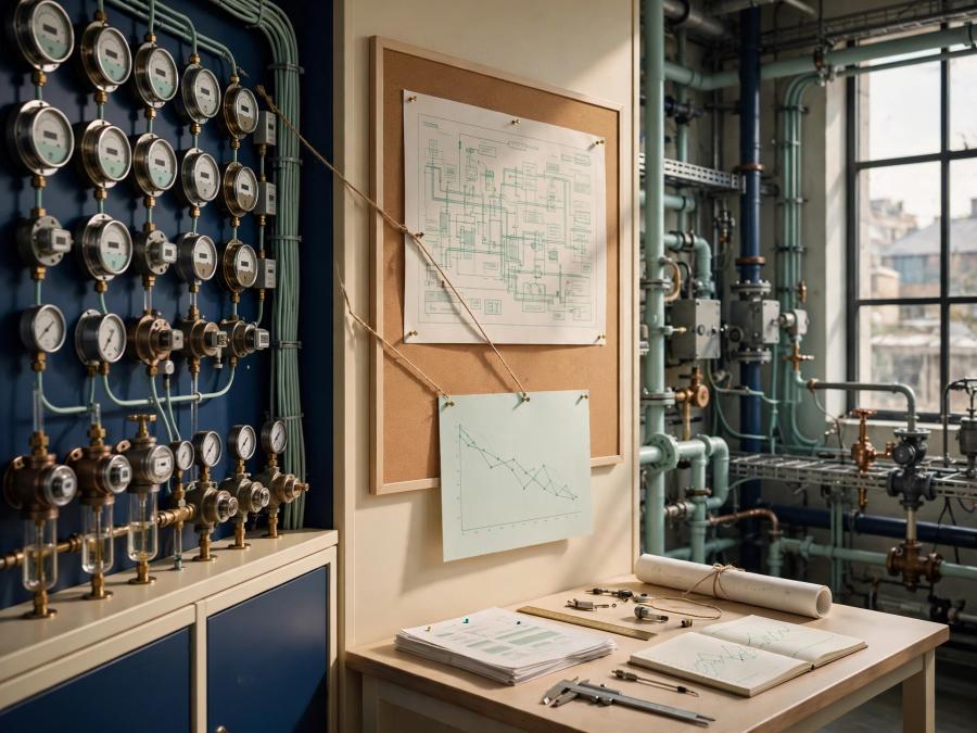 Industrial operations meters, facility infrastructure, and evidence notes representing corporate carbon accounting