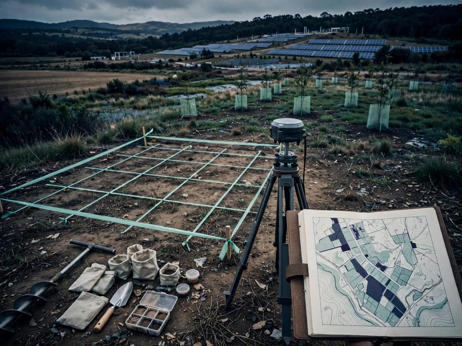Field baseline survey grid, monitoring tripod, soil tools, project map, and renewable landscape representing carbon-market project development