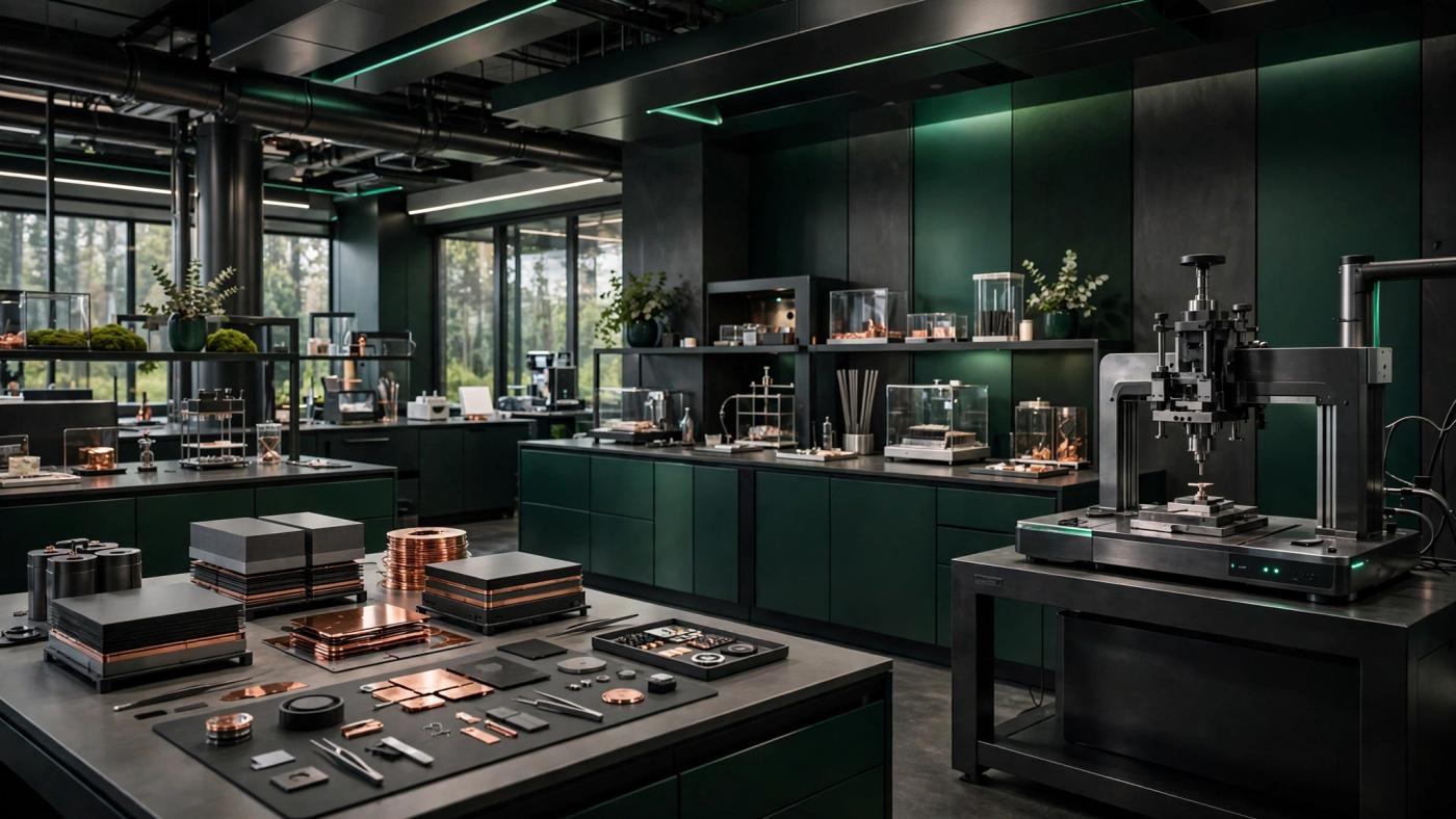 Industrial sustainability laboratory with materials and measurement equipment