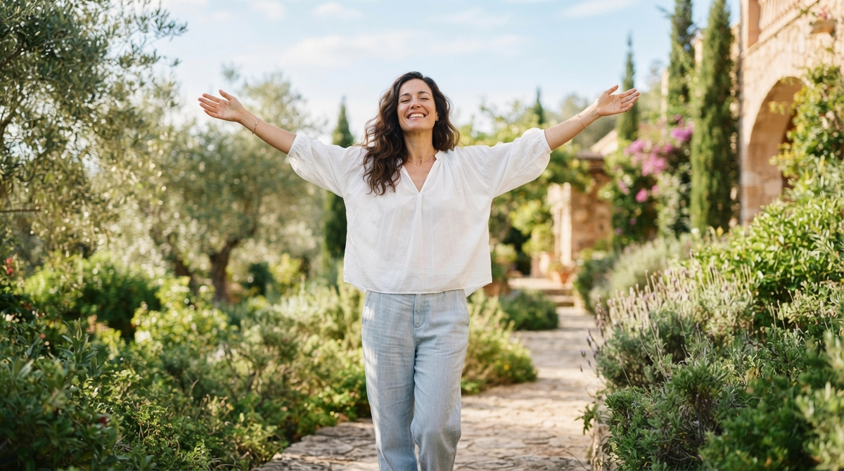 Mujer sonriente con los brazos abiertos, disfrutando un momento de libertad y bienestar en un jardín luminoso