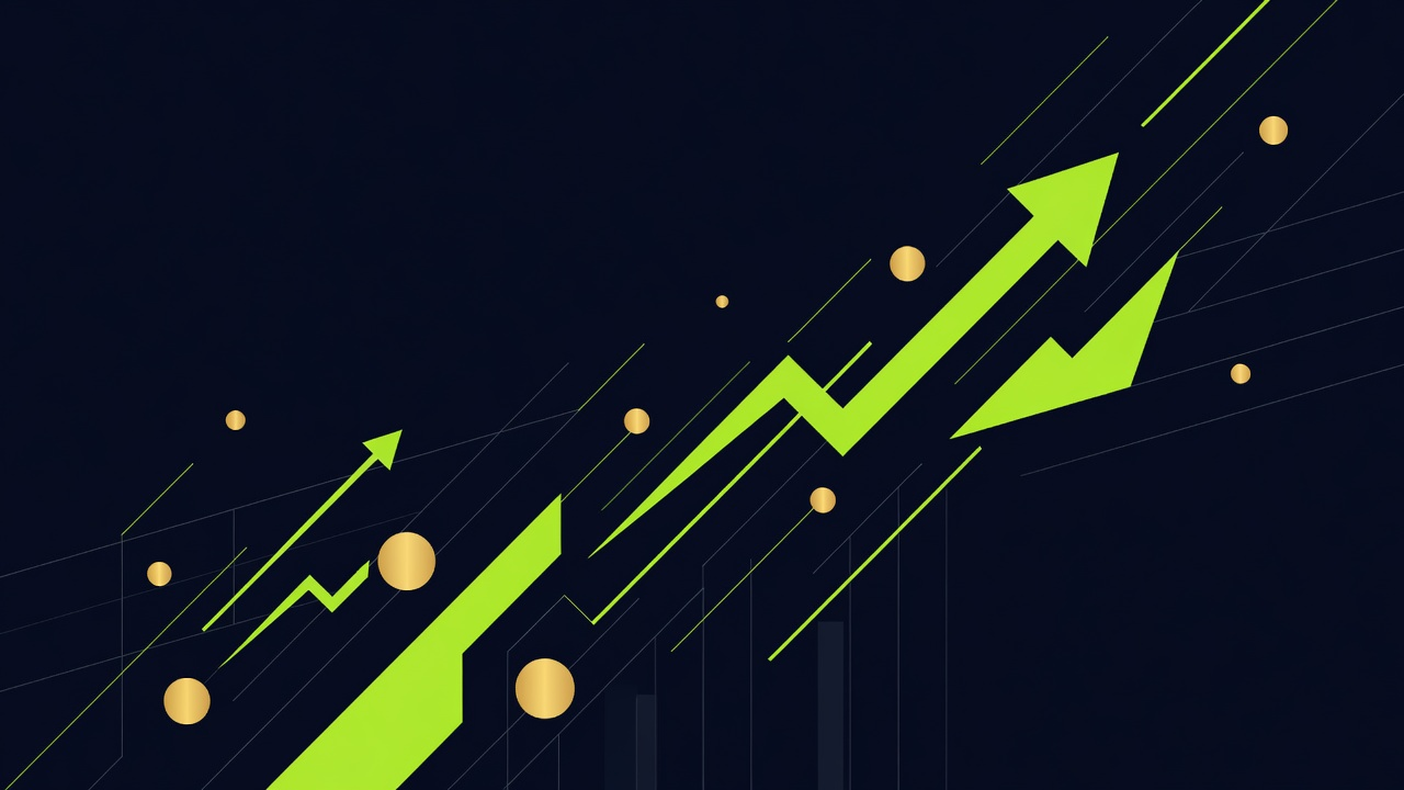 Abstract navy, lime, and gold graphic suggesting growth and earnings