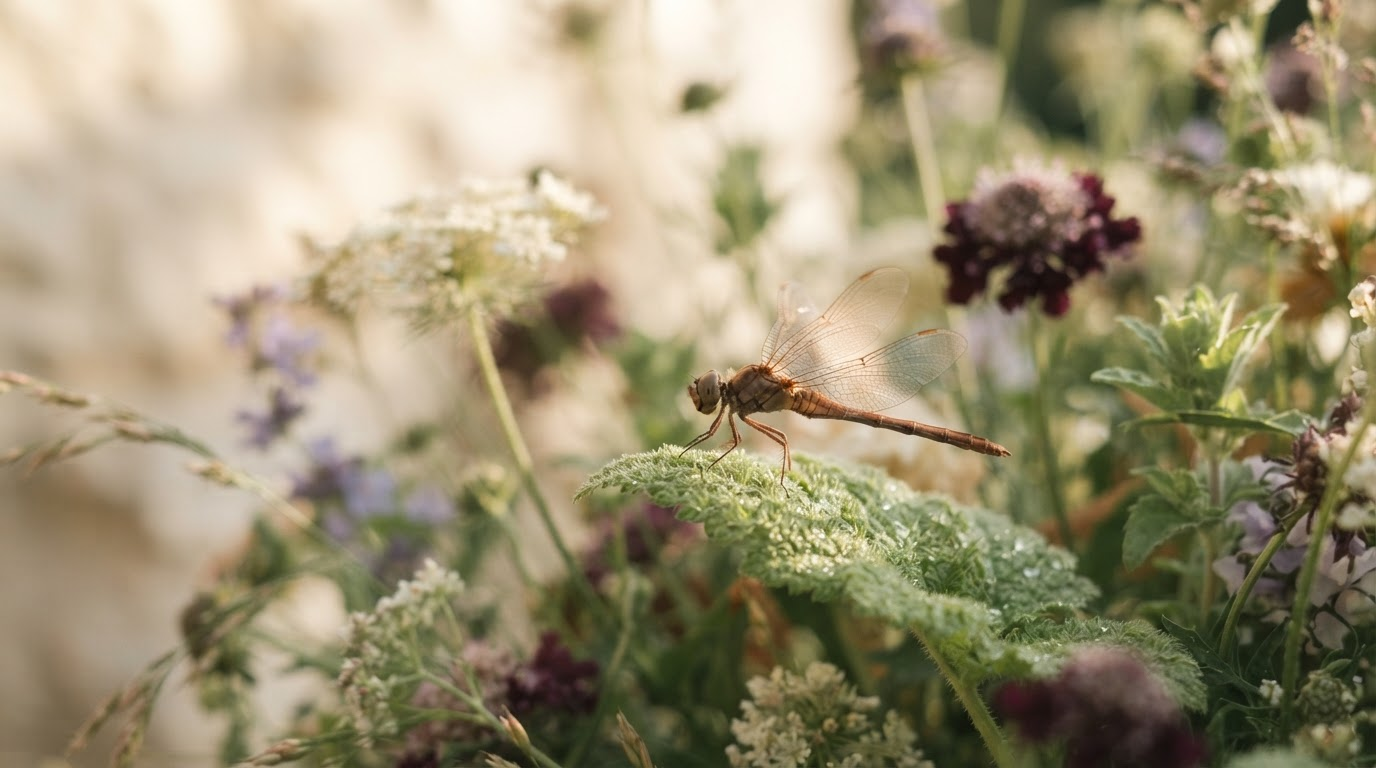 A copper-toned dragonfly resting on a mossy leaf among soft wildflowers in warm morning light