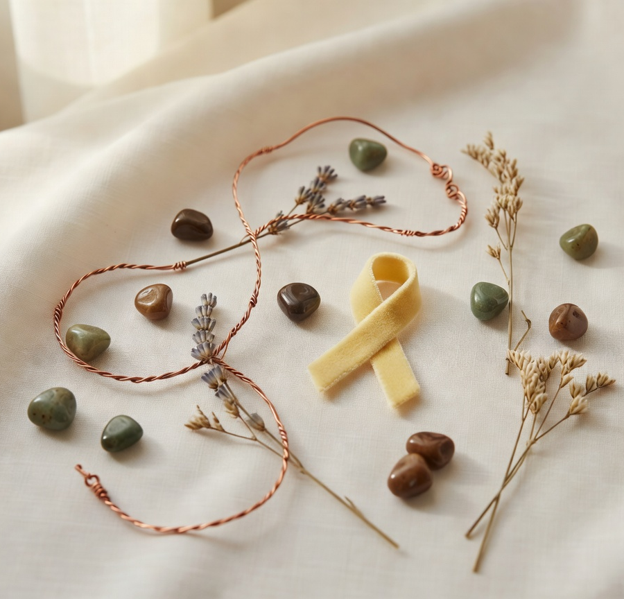 Soft still life with copper wire, polished stones, botanicals, and a yellow awareness ribbon on linen