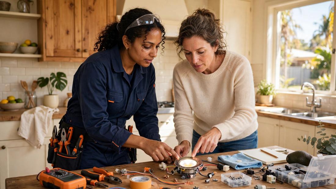 An electrician and homeowner reviewing a lighting repair in an Australian kitchen
