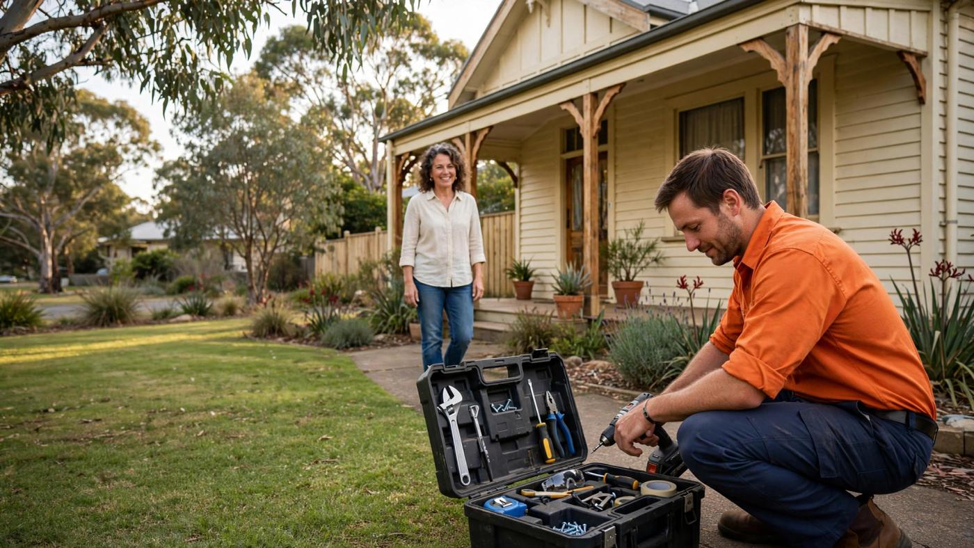 A friendly Australian tradie preparing tools outside a suburban home while the homeowner welcomes them
