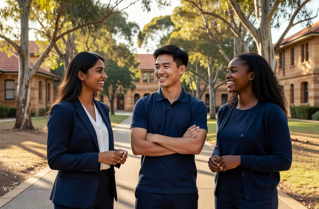 Three diverse medical students in dark blue standing together outdoors on a university campus