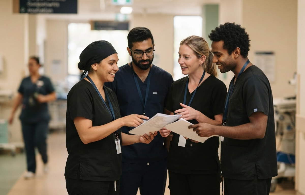 Three junior doctors in a warm collaborative huddle discussing patient notes in a bright hospital corridor, showing professional connection and peer support