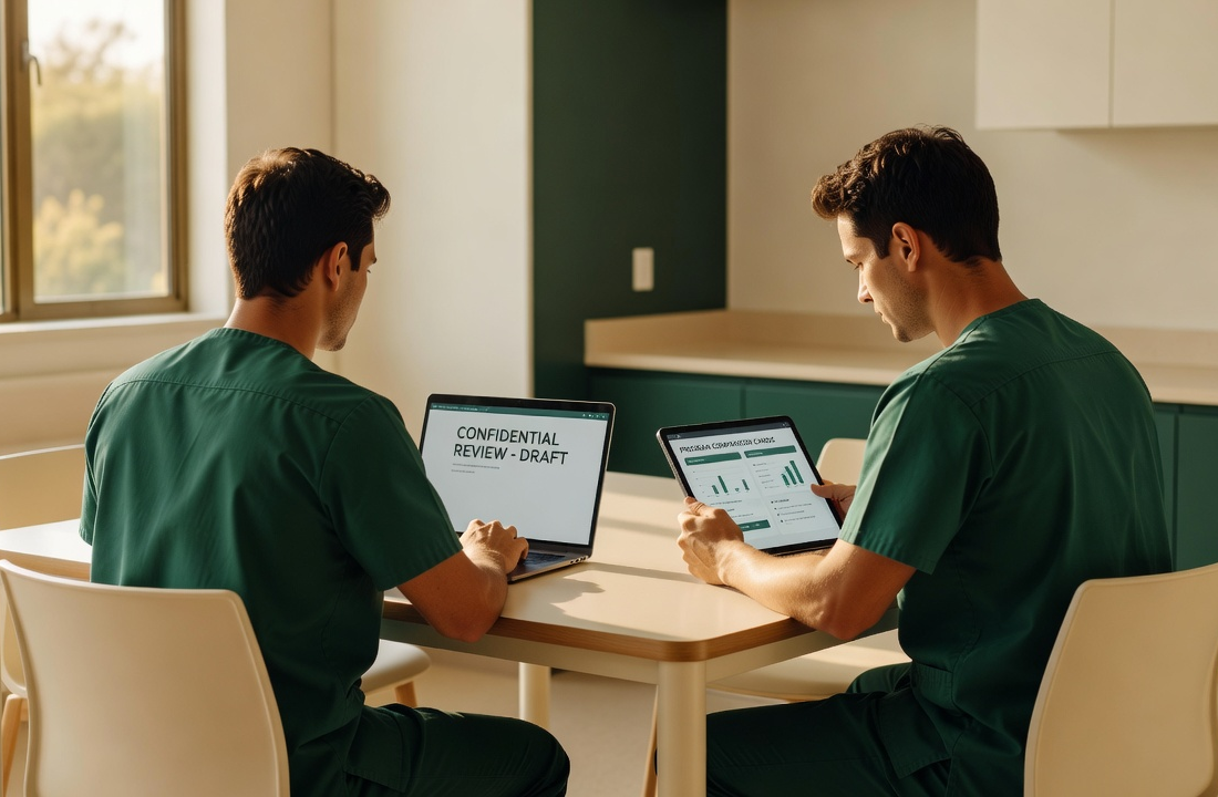 Two junior doctors in a hospital setting — one contributing a confidential peer review on a laptop, the other referencing training program details
