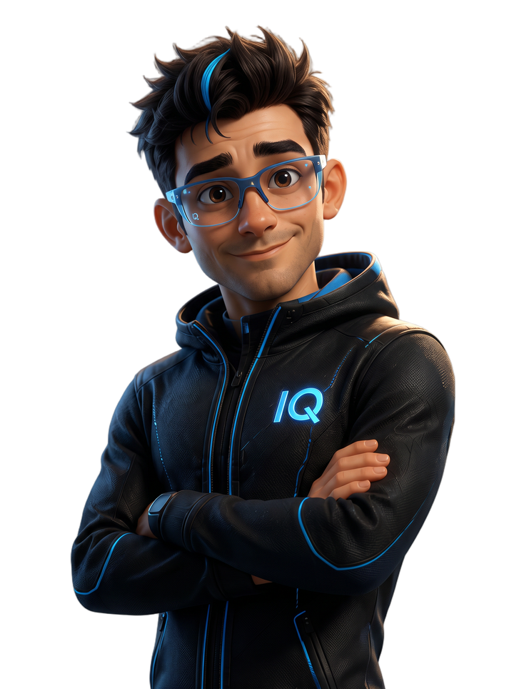 Milo, BusinessIQ’s AI consultant and digital guide: a polished 3D character with warm brown skin, tousled dark hair and a cyan streak, vivid blue rectangular glasses, and a midnight tech jacket with cyan piping and an IQ mark. He is a digital character, not a human adviser.