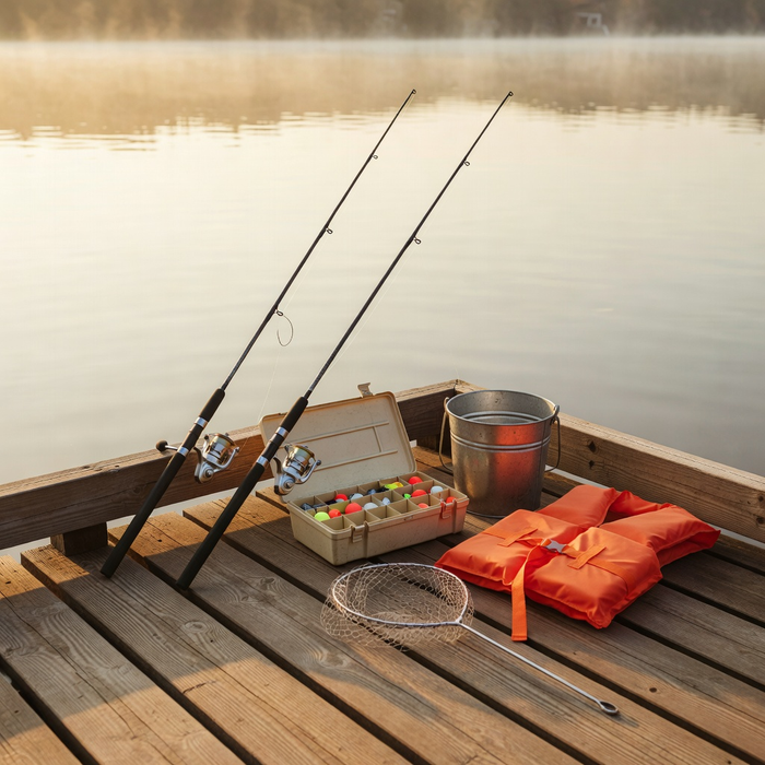 Simple fishing rods, tackle, and life jacket on a quiet dock