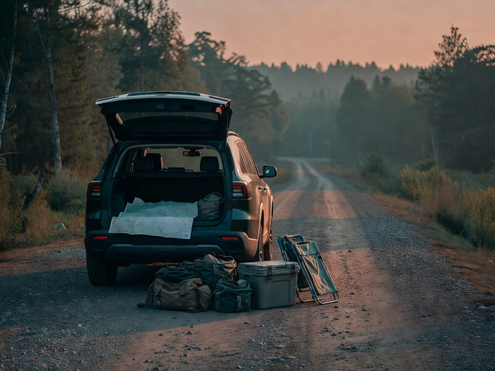 Organized bags, cooler, and camp chair beside an open vehicle on a forest road