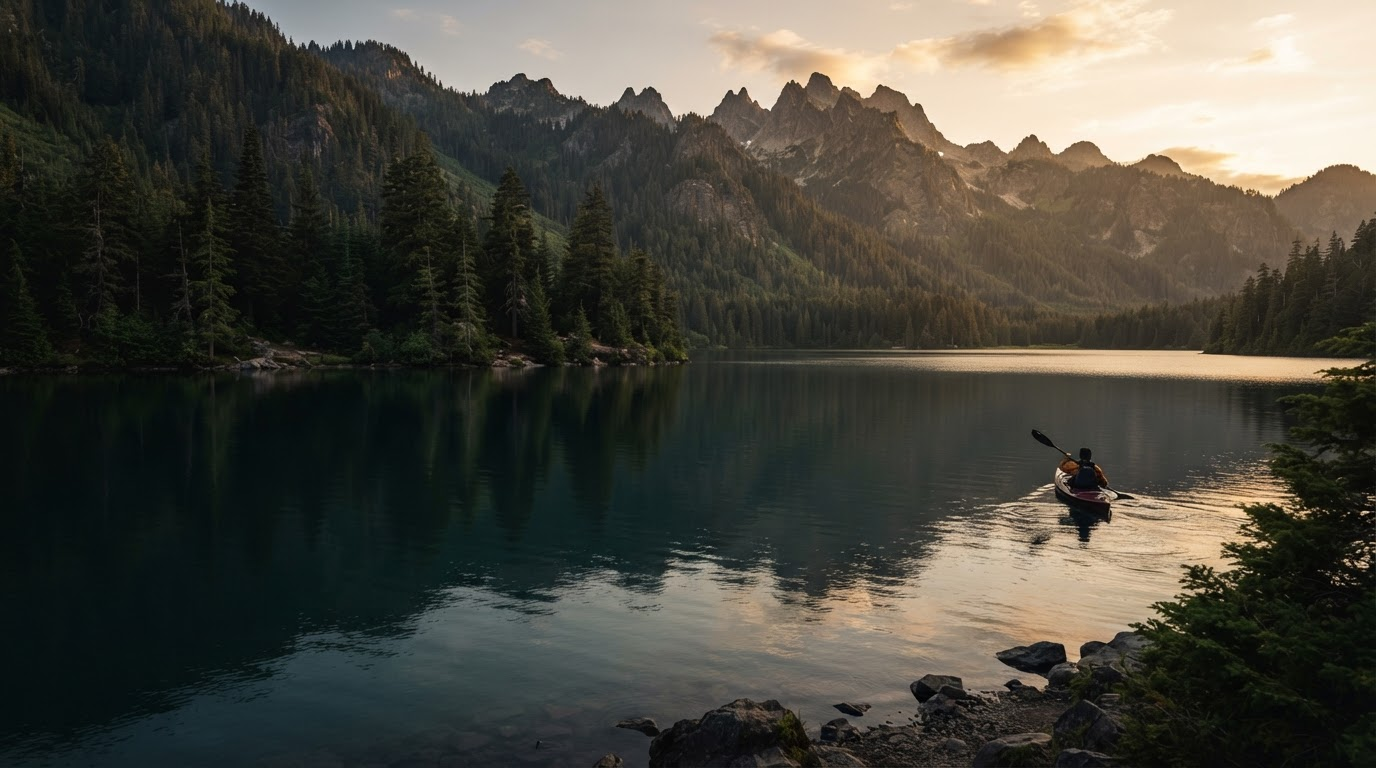 A kayaker crossing a mountain lake at golden hour