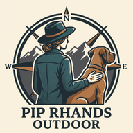 Pip Rhands Outdoor logo with an outdoorswoman and Hercules-inspired dog.