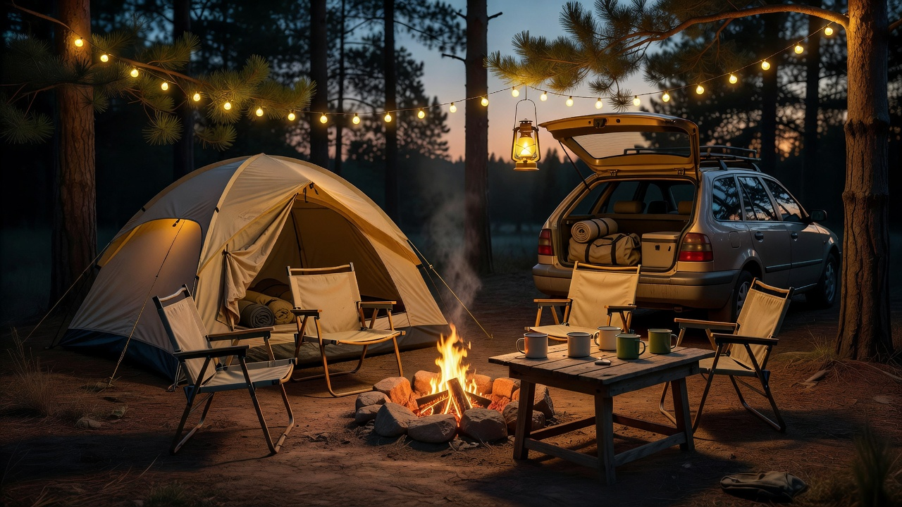 Warm campsite with a tent, chairs, camp table, and open vehicle at dusk