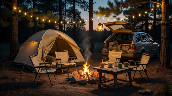 Comfortable campsite with a tent, camp chairs, table, and warm lantern light