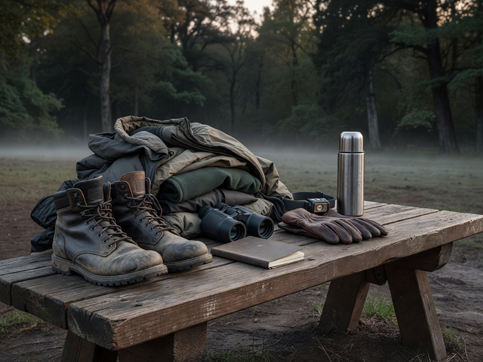 Hunting layers, boots, binoculars, and a map arranged on a wooden table