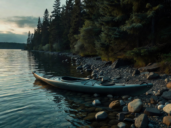 Unbranded kayak resting at the edge of a forested lake