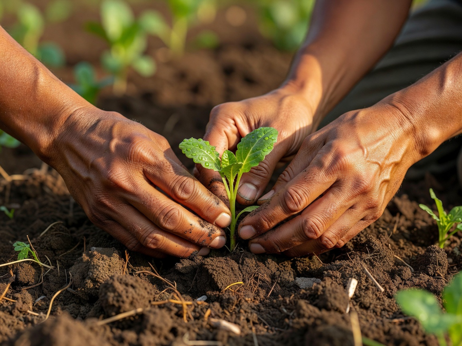 Hands carefully transplanting a seedling into rich soil