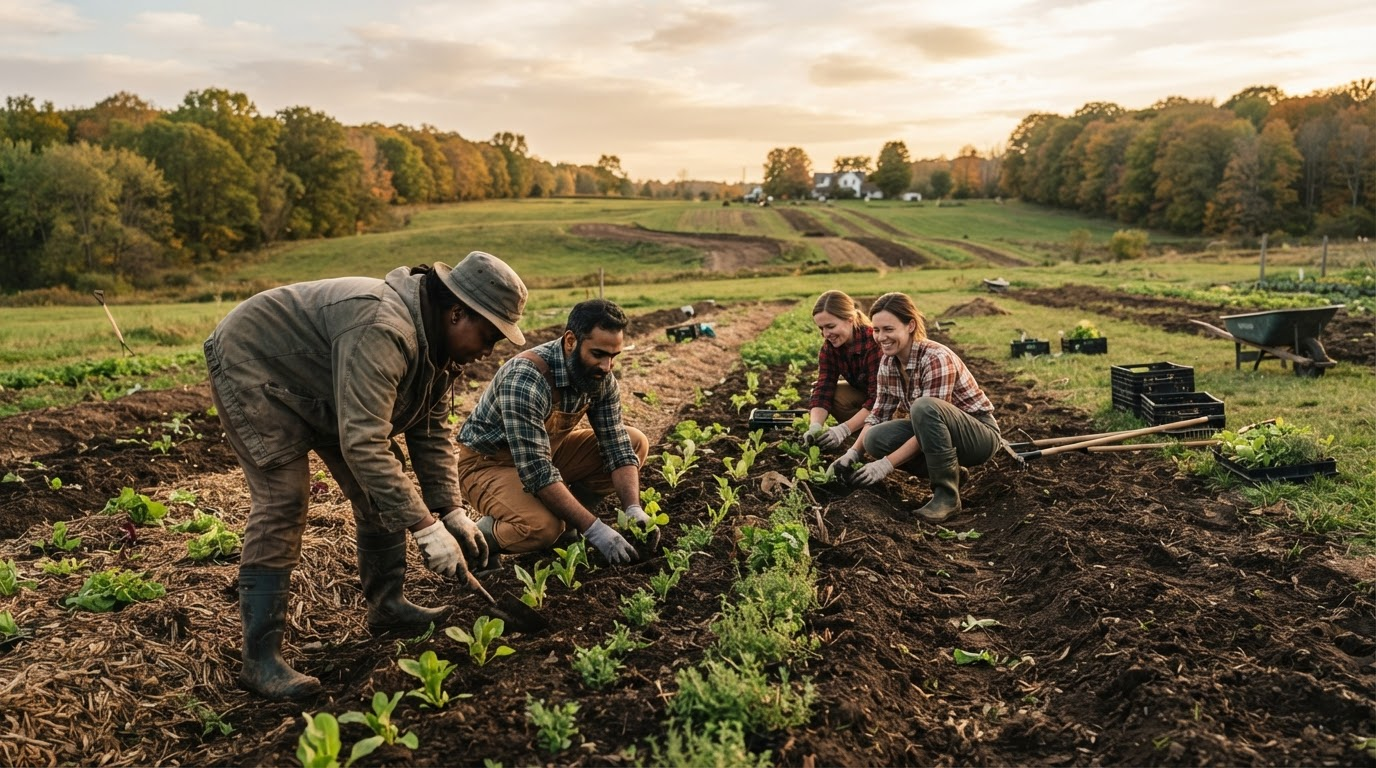 A team planting vegetable starts in regenerative garden beds at golden hour