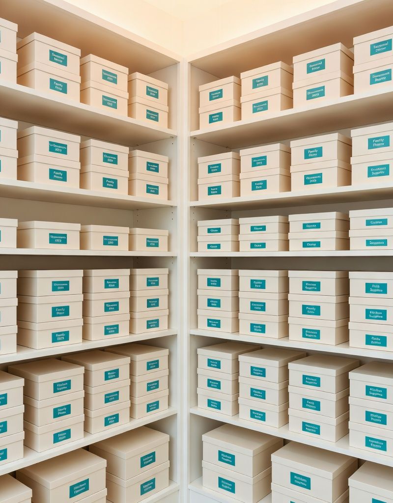 Beautifully organized storage room with neatly labelled boxes on shelves — the result of using the Smart Box List guide