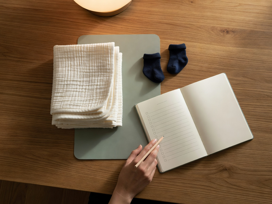 A close-up of a newborn preparation table with folded cloth, small socks, and a blank checklist