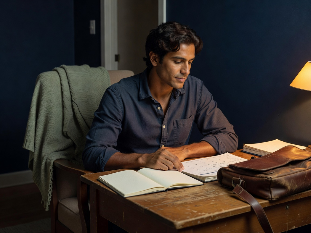 A father reviewing a household calendar and blank budget notebook at home