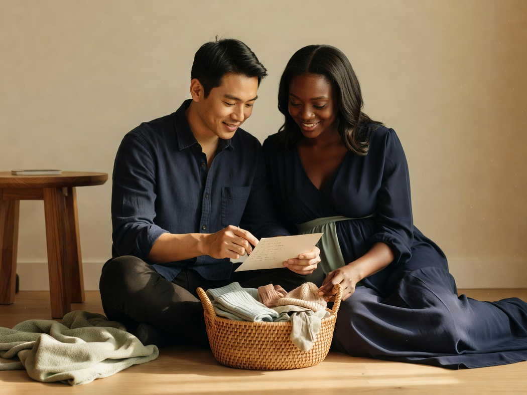 A couple organizing newborn essentials together in a sunlit home