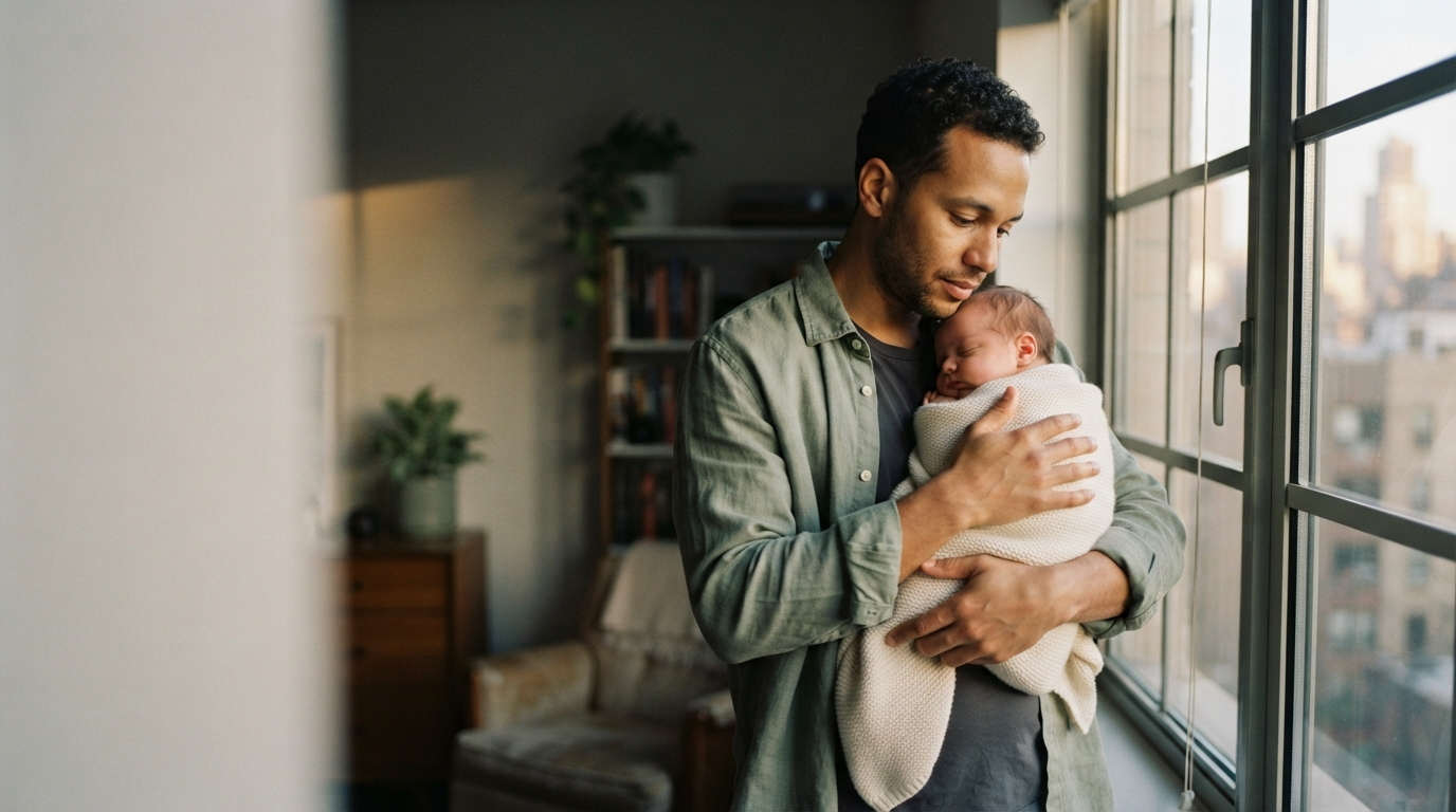 A father holding his sleeping newborn in the morning light