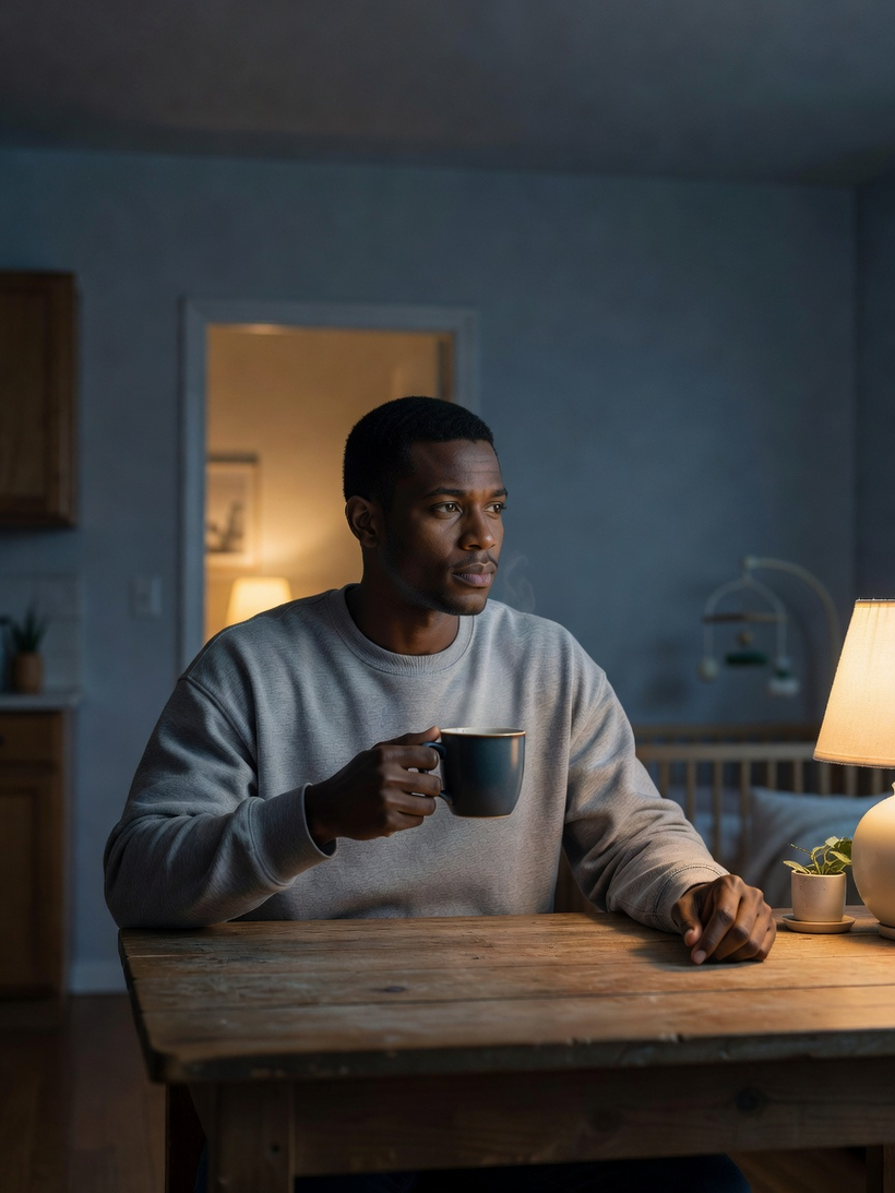 A thoughtful father sitting quietly before sunrise and looking toward a nursery