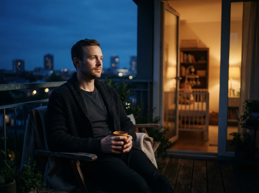 A father reflecting on a balcony beside a warm nursery at blue hour
