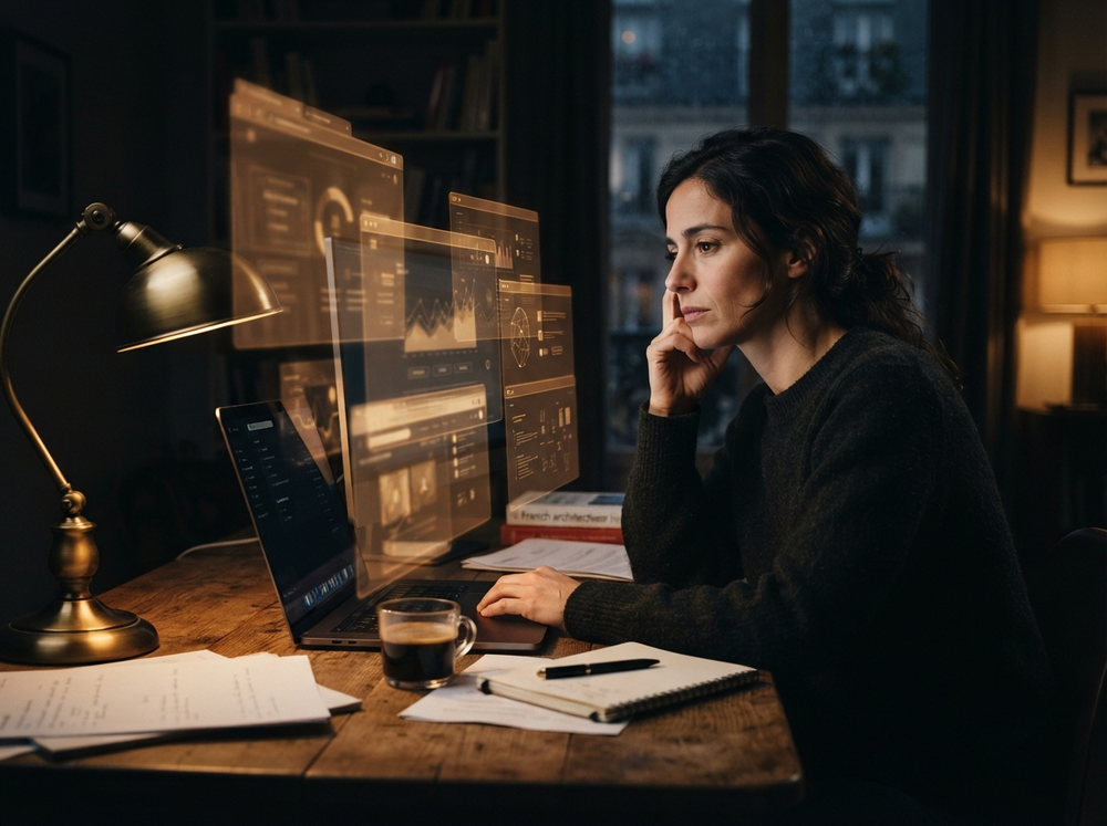 Une personne travaille tard à un bureau, entourée d’écrans et d’interfaces lumineuses